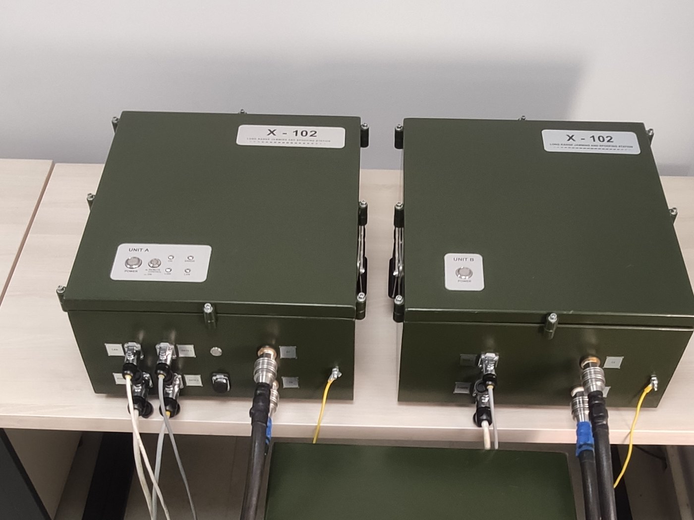 RF units cabled together on a bench for integration testing