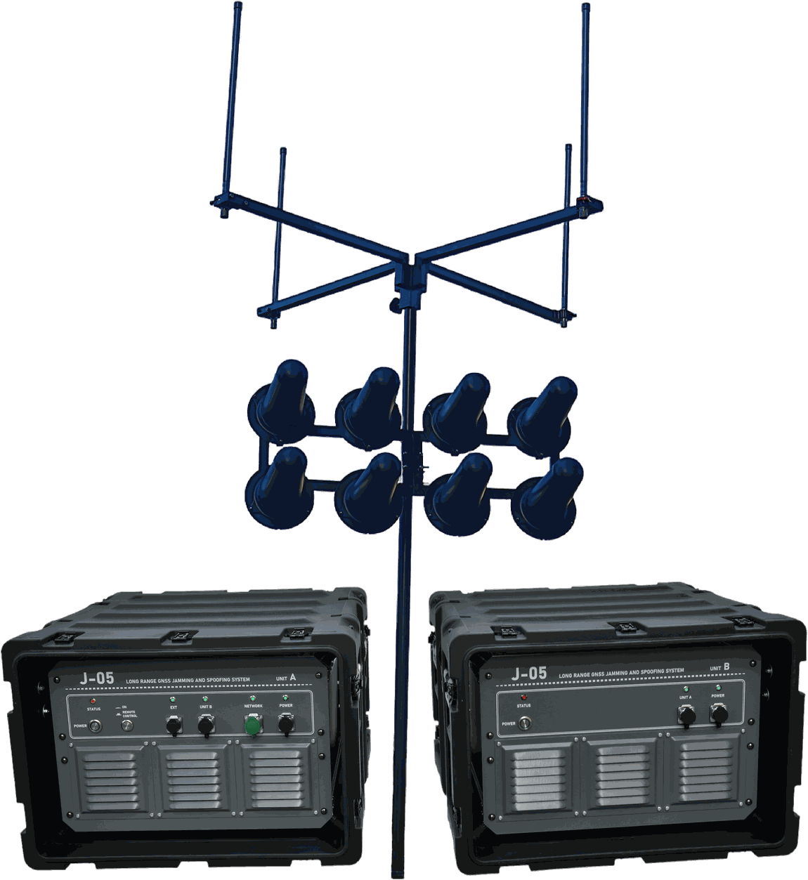 J-05 long-range GNSS jamming and spoofing system, two RF units with omnidirectional and directional antennas on a single mast